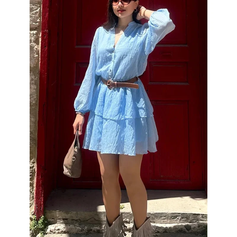 Moda casual feminina em camadas cor sólida com decote em v único breasted manga comprida faixa mini vestido nova moda 2025 vestido de verão