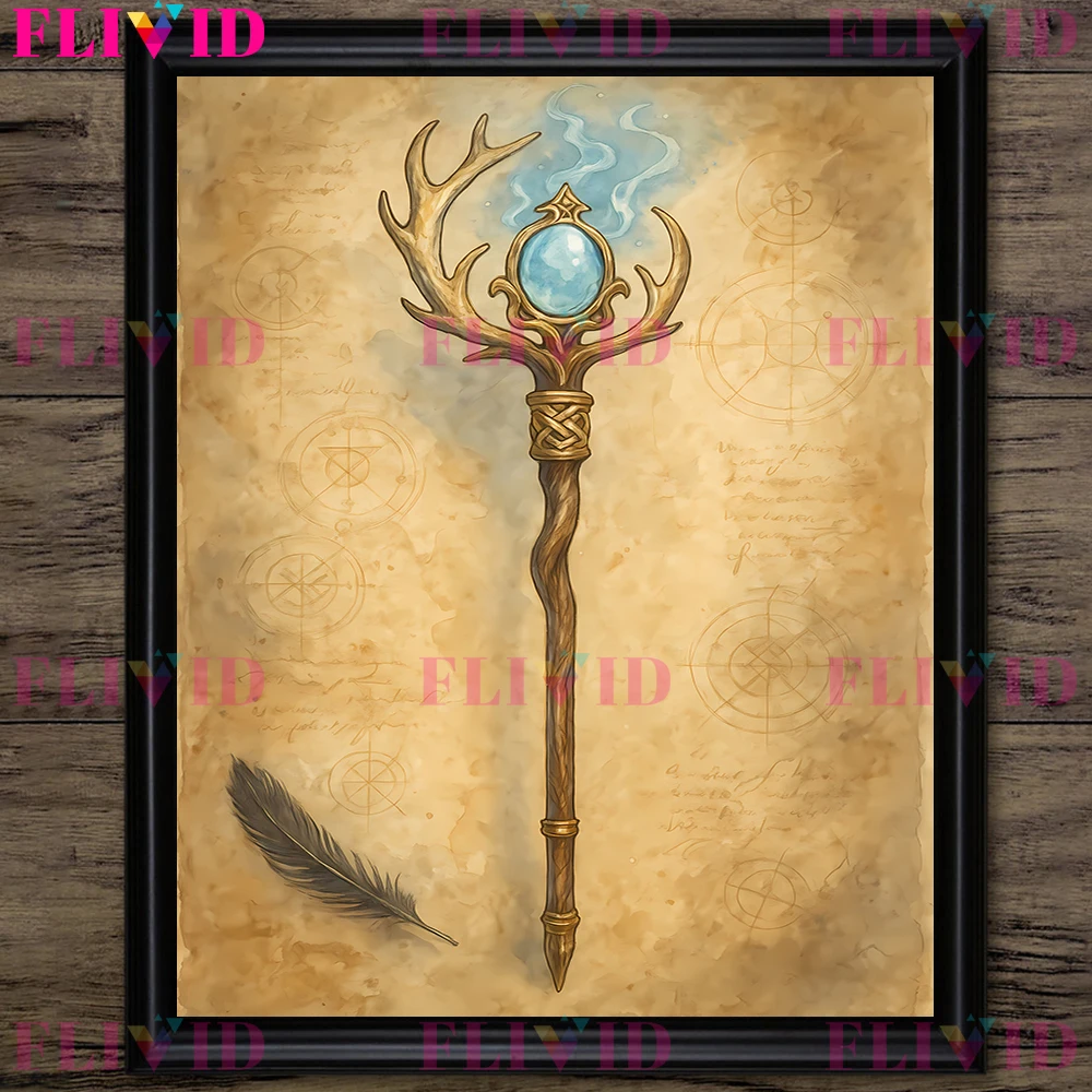 Magical Wizard Staff Abstract Wall Art Canvas Painting,The Source Of Wizard Power Gothic Art Poster Print,Witch Home Decoration