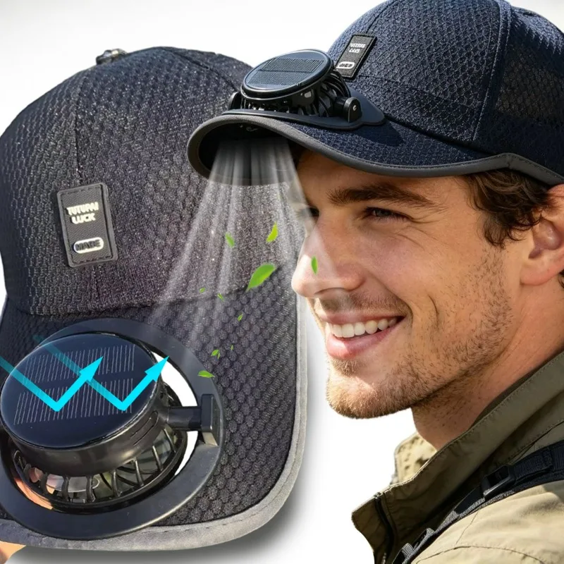 USB Rechargeable Solar Cooling Hat Outdoor Baseball Cap with Built in Fan Breathable Mesh Adjustable Wind Speed Camping Fishing