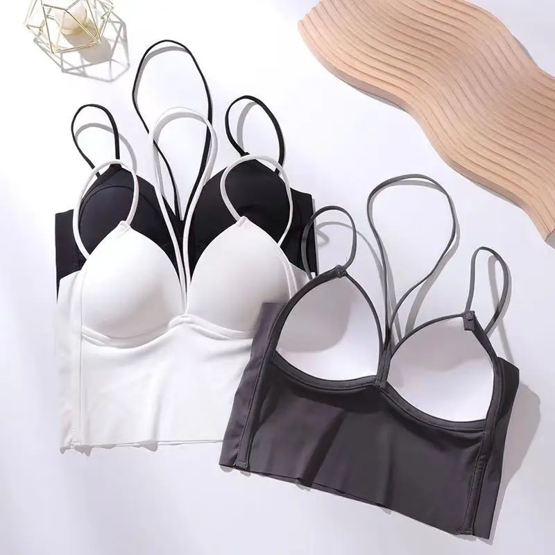 Summer Camisole Tube Top with Pad Bra Underwear Cropped Top Streetwear Ice Silk Sleeveless V Neck Breathable Comfort