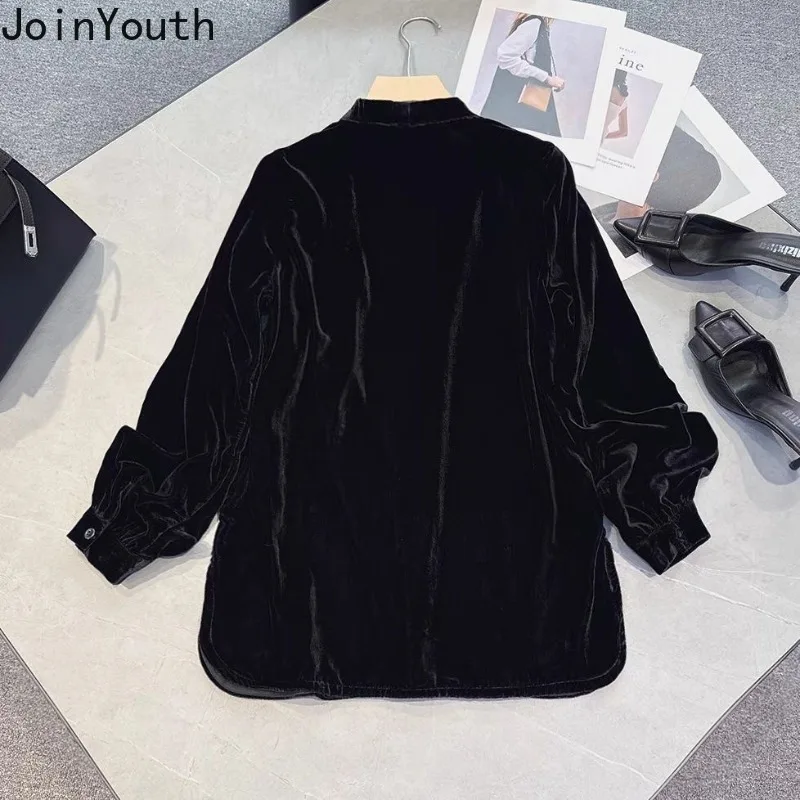 2024 Ropa Mujer Oversized Blouses Women\'s Clothing Vintage Velvet Shirts Camisas De Mujer Temperament Black Tunic Blouse Tops