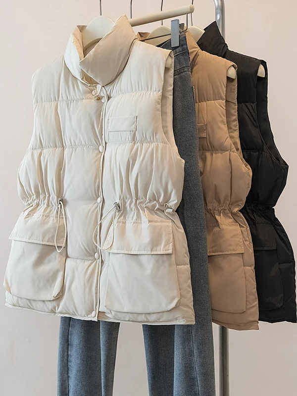 

Женский пуховый хлопковый жилет для похудения, новинка 2025 года, модный осенне-зимний воротник-стойка с завязкой на талии, универсальный топ с плечами