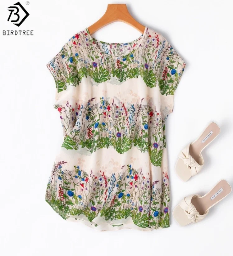 

Birdtree 100% Mulberry Silk Plant Print T Shirt,Women Double Crepe Short Sleeve O-neck Flower Cluster Summer Thin Shirt T58731JF