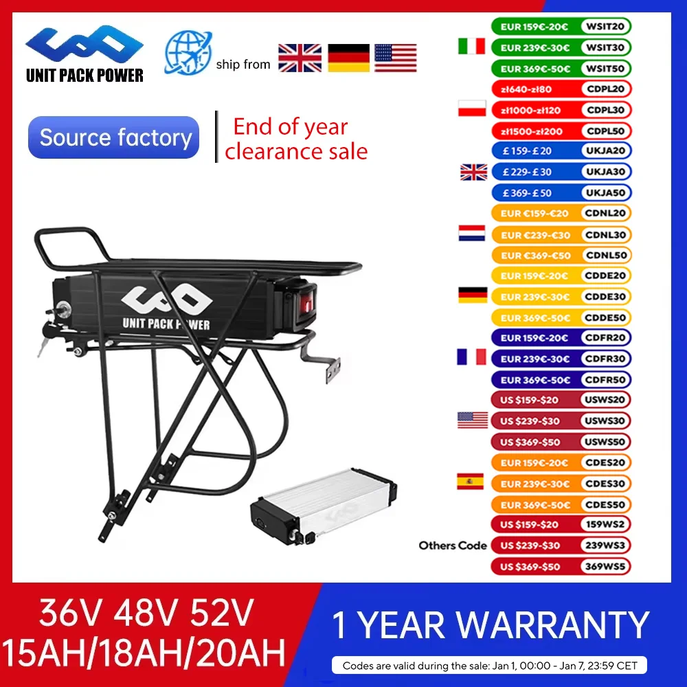 48V 15Ah Rear Rack Electric EBike Battery  36v 15AH  Carrier Battery Lithium 48V 18AH 52V 20AH for 1500W 1000W 750W 500W  Motor