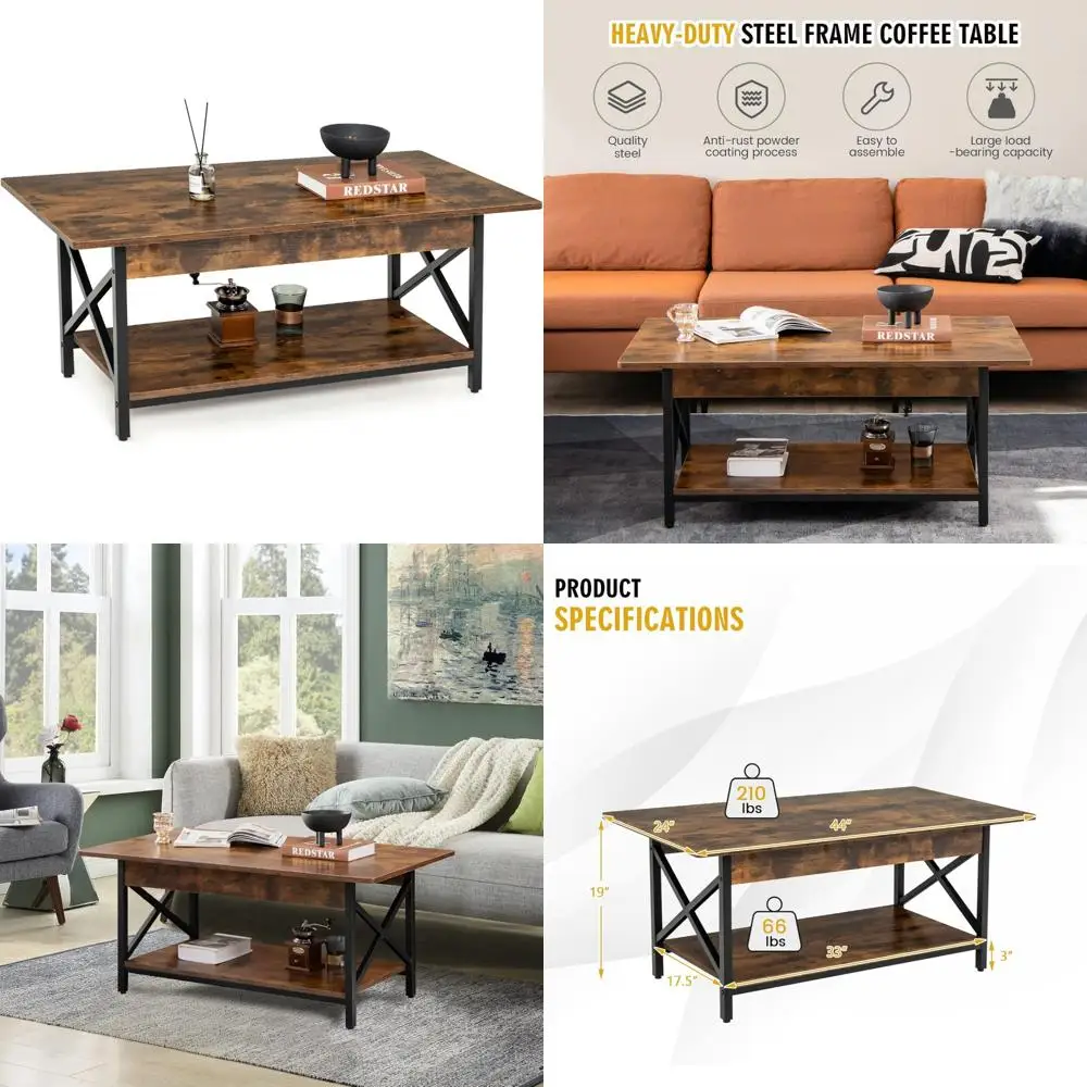 

Industrial 2-Tier Wooden Storage Cocktail Table with X-Frame, Rectangular for Sofa Side