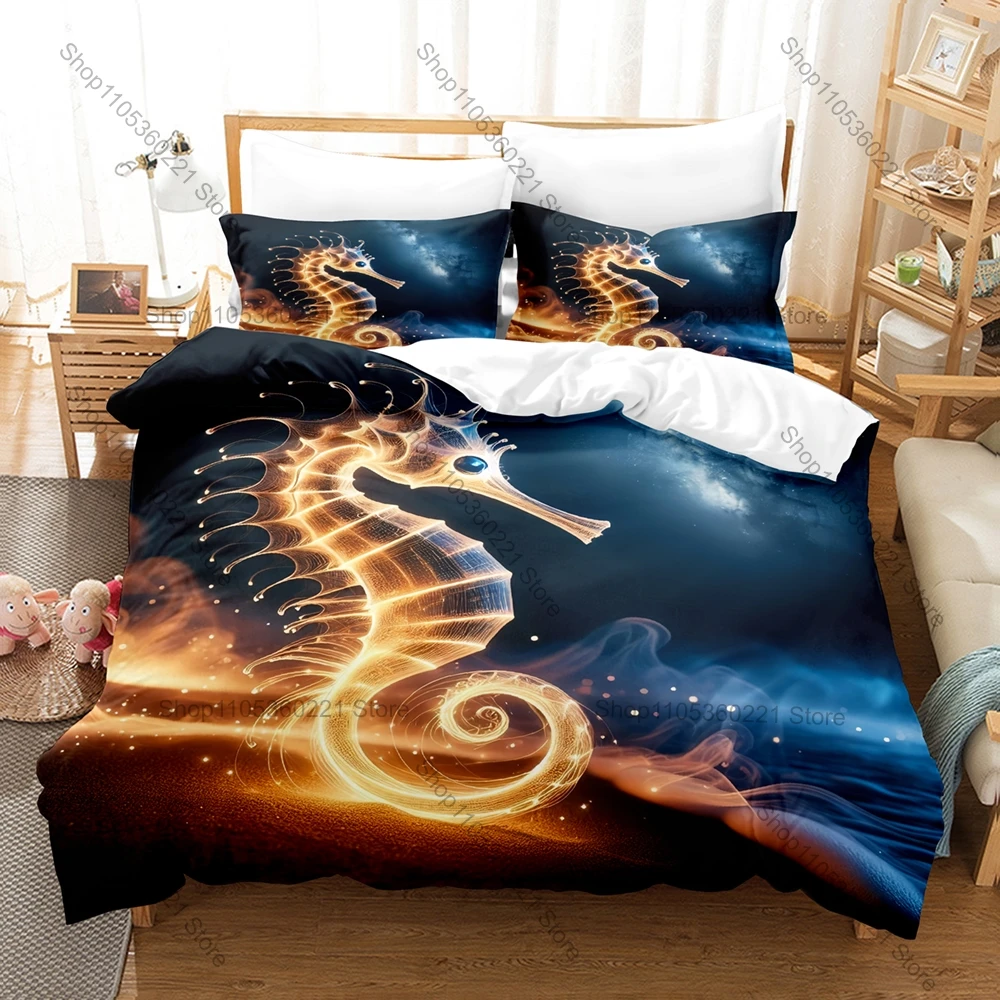 2026 Cartoon Seahorse Three Piece Bedding Set Luxury Comforter Set with Queen King Size Cool Two pillowcase camas de dormitorio