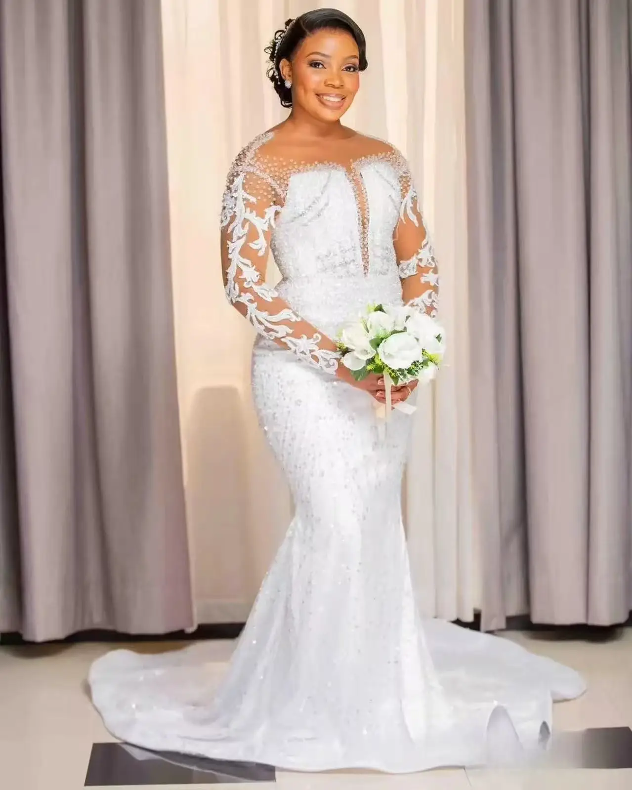 ONELIFE-vestido de novia personalizado, vestidos de novia para novia, ilusión de cuello transparente, mangas largas, apliques de encaje con cuentas