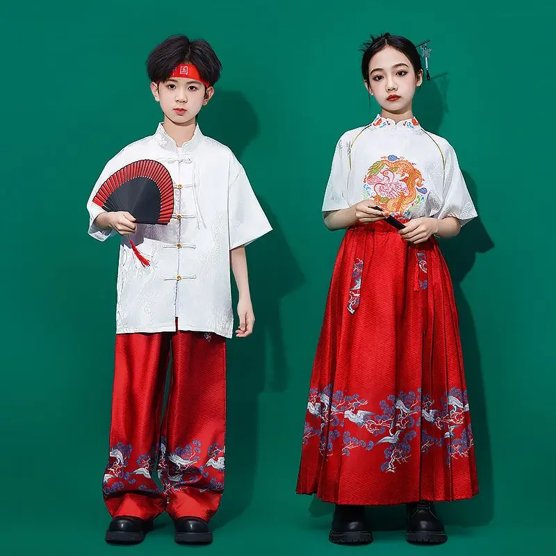 

Kid Chinese Tradition Wine Red Red Kung Fu Tang Suit Shirt Casual Jogger Pants for Girl Boy Hip Hop Jazz Dance Costume Clothes