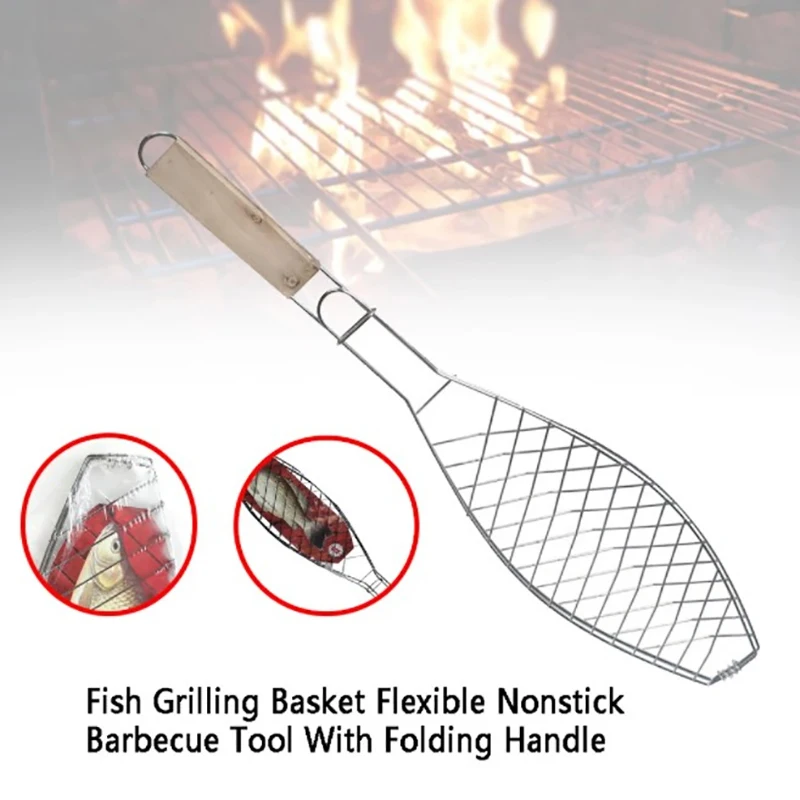 New Roasting Fish Grilling Basket Vegetable With Folding Handle DIY Flexible Nonstick Outdoor Barbecue Tool Portable Burger Mesh