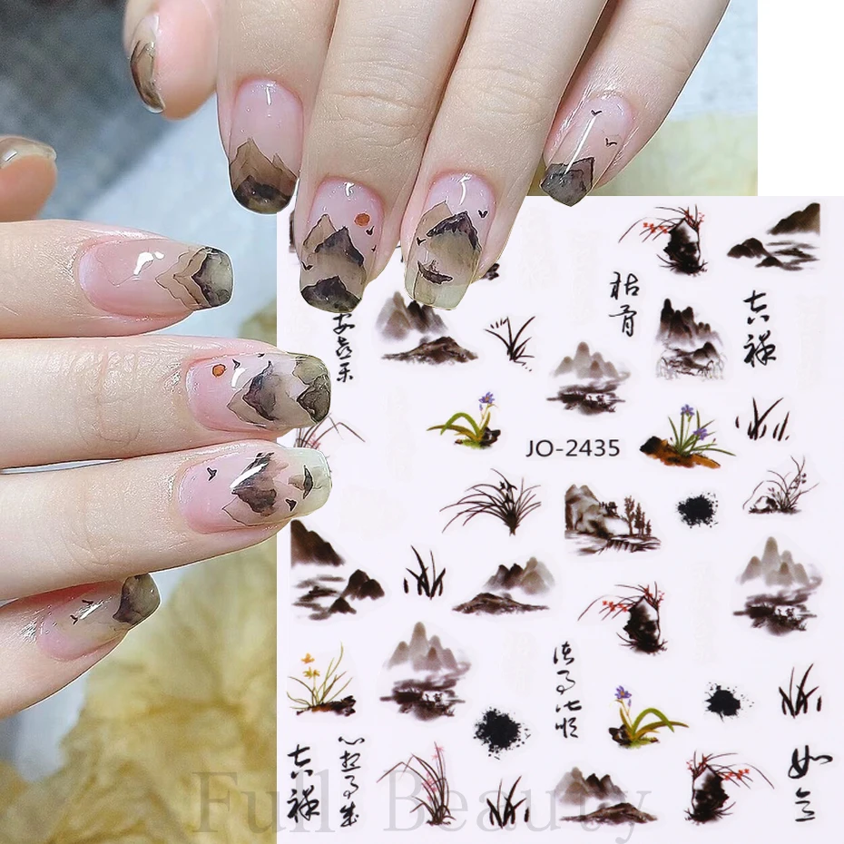 ตัวอักษรจีนสติกเกอร์เล็บบทคัดย่อ Art Words 3D ออกแบบ Sliders ภาพวาดหมึกดอกไม้ไม้ไผ่ Decals ฟอยล์อุปกรณ์แต่งเล็บ