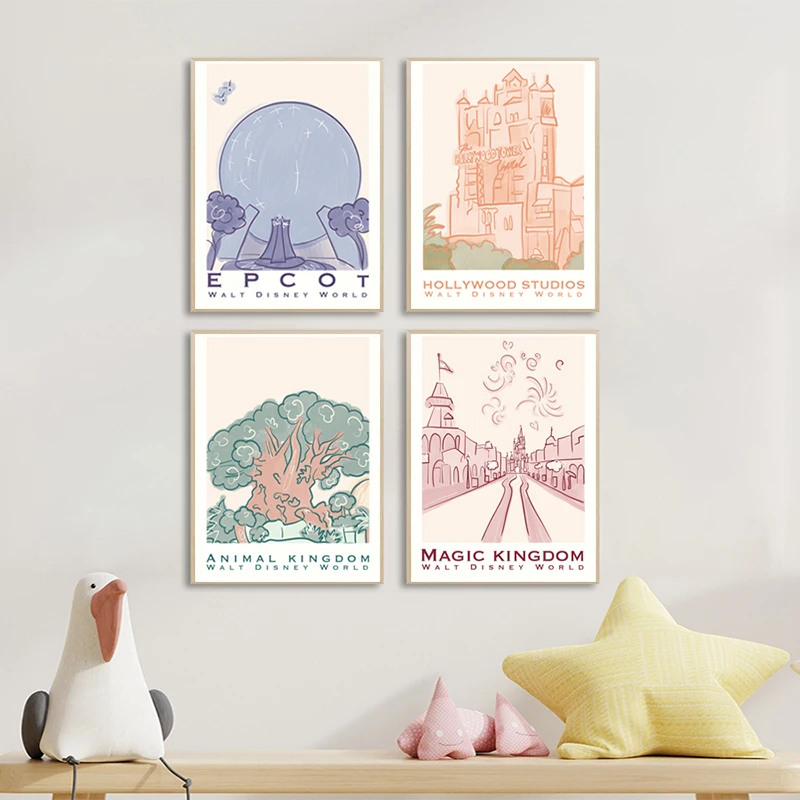 Disney Theme Park Canvas Painting Minimalist Retro Travel Posters Animal Kingdom EPCOT Wall Pictures Kids Room Decor