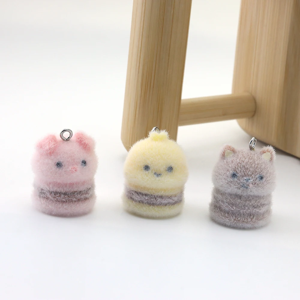 20Pcs Flocking Resin Bee Pig Charms Cute Animal Plush Doll Pendant for Necklace Earrings Keychain Making DIY Jewelry Accessories