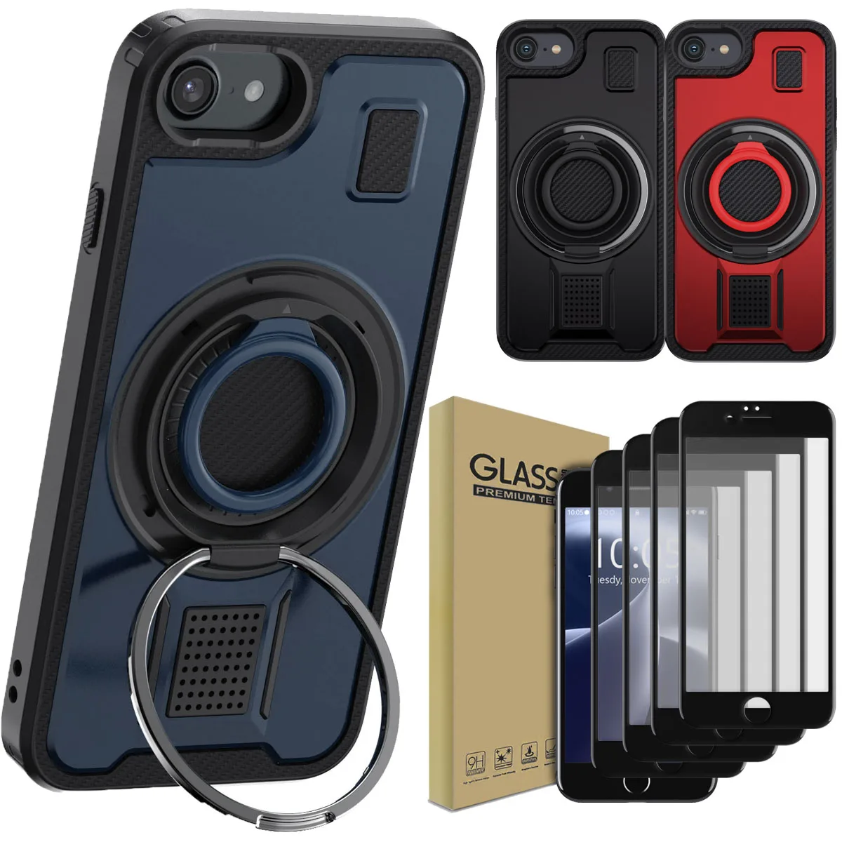 

For iPhone 6/6s Hard Case Kickstand Shockproof Cover And 4pcs Full Coverage Tempered Glass Screen Protectors Case Friendly Clear