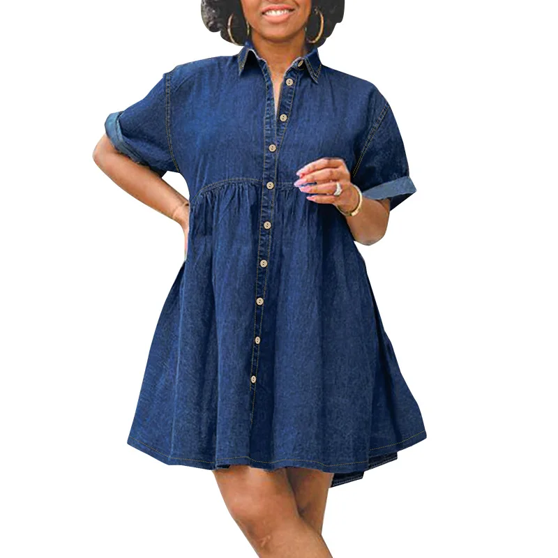 

New Denim Short Sleeve Slim Dress Puffy Dress 2025 Summer Short Sleeves Singl-breasted Pleats Short Casual Dresses