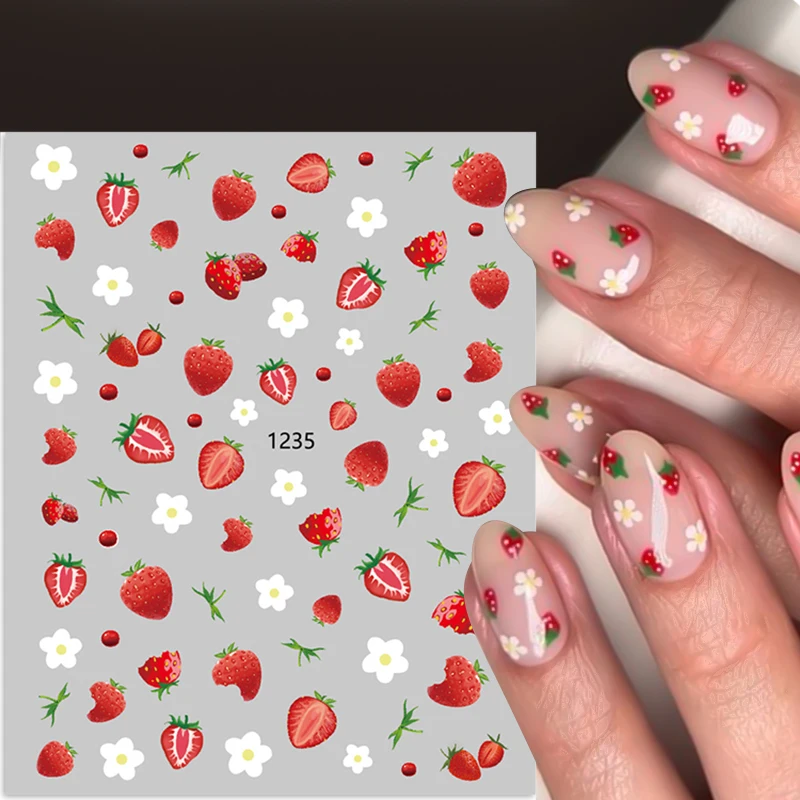 

3D Strawberry Flowers Daisy Nail Art Stickers Colorful Flower Adhesive Transfer Slider DIY Nail Decoration Parts Decals