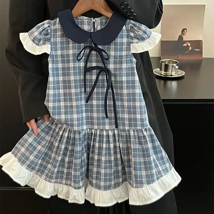 

Girl Skirt 2025 Summer New Childrens Clothing Korean Style Girl Baby Small Lapel Fly Sleeve Lace Plaid Skirt Casual Simple Daily