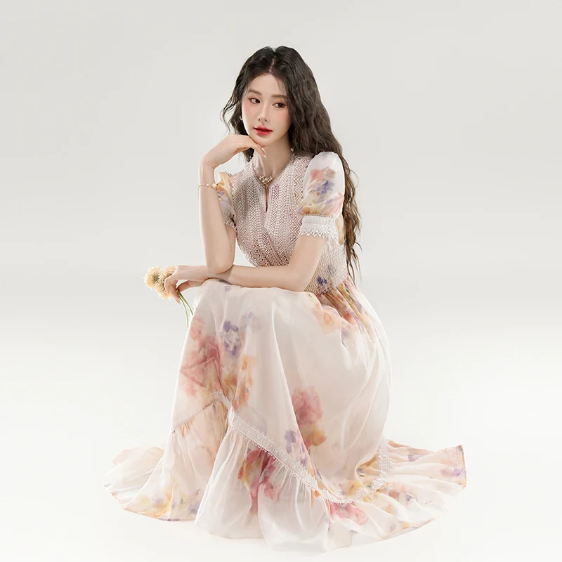 Gonna a trapezio in fibra di poliestere con stampa floreale rosa V-Ne Puffy Sve Dr Fairy Long Dr Summer Commute Sle Or Sve