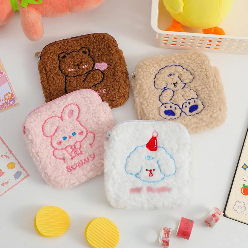 Menstrual Pad Bag  Modern Fuzzy Soft  Rabbit Embroidery Sanitary Napkin Holder Pouch for Office