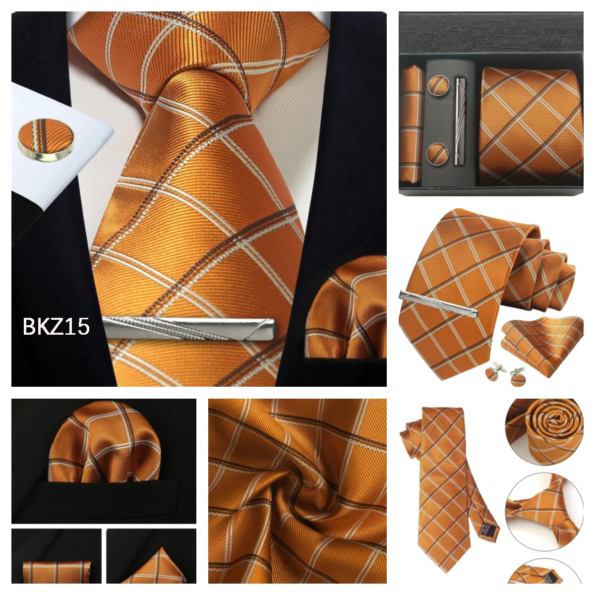 Klassische Herrenkrawatten aus 100 % Seide in Geschenkbox, 8 cm, kariert, gepunktet, gestreift, Business-Krawatte, Einstecktuch, Manschettenknöpfe, Hochzeitskrawatten-Set – Detail 29