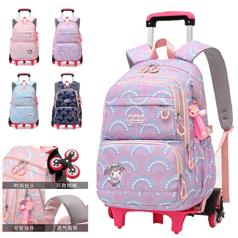 Sanrioed Rolling School Bags for Girls Children Waterproof Kuromi Backpacks with Wheels Middle School Trolley Luggage Back Pack