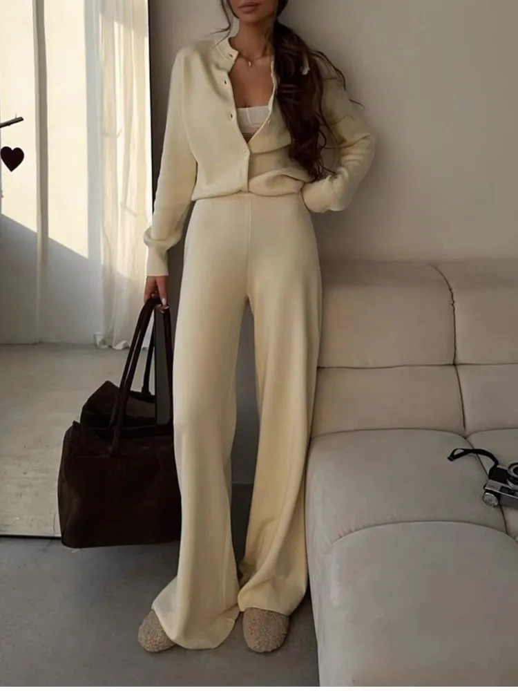 

Осень-зима, простой однотонный повседневный костюм, женский вязаный кардиган с круглым вырезом, топ с длинными рукавами, широкие брюки, комплекты из двух предметов