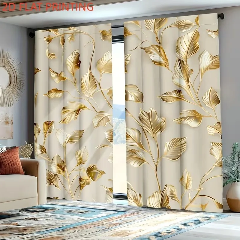 A Pair of Curtains with Flat 2D Printing, Displaying Golden Plant Patterns, Suitable for Bedrooms, Living Rooms, and Dining Room
