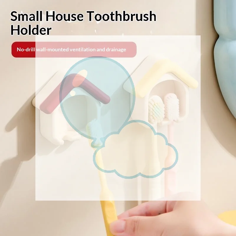 House Shape Toothbrush Holder Punch Free Wall Mounted Toothbrush Storage Rack Draining Bathroom Organizer For Bathroom Decor