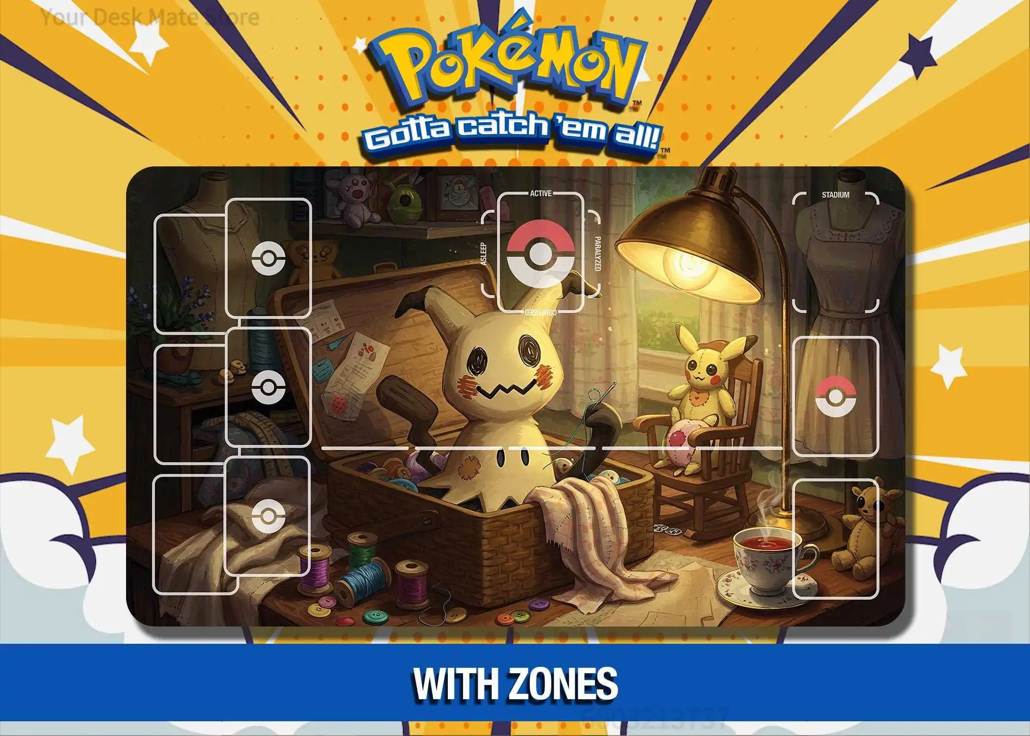 Mimikyu Nähzimmer TCG Spielmatte mit Zonen, Wasserdichte Rutschfeste Schreibtischunterlage