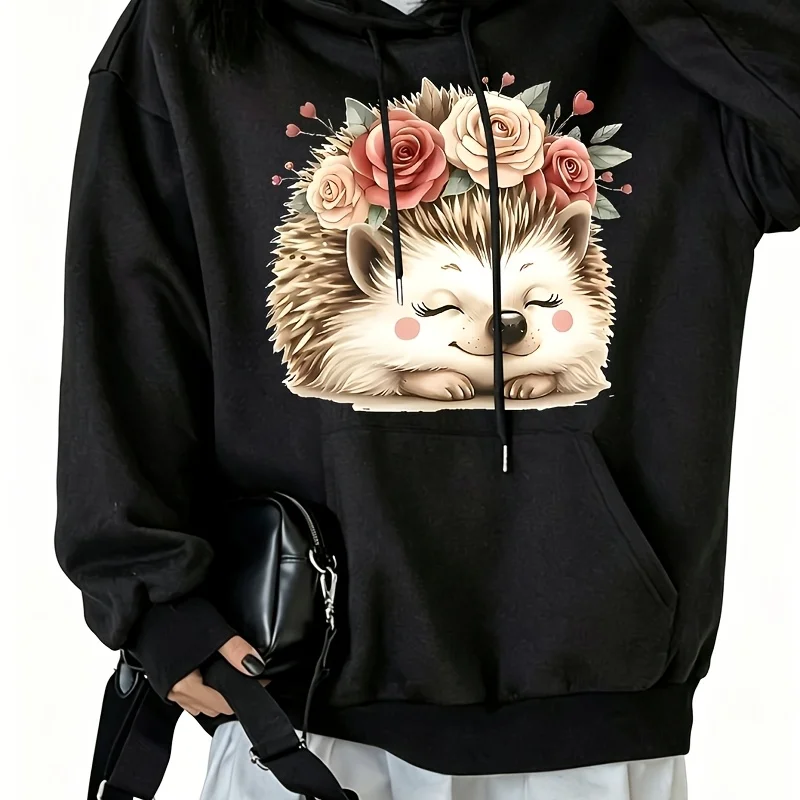 With Adorable Hedgehog & Floral Print Women's Hoodie Sweatshirt with Drawstring and Kangaroo Pocket S-3Xl
