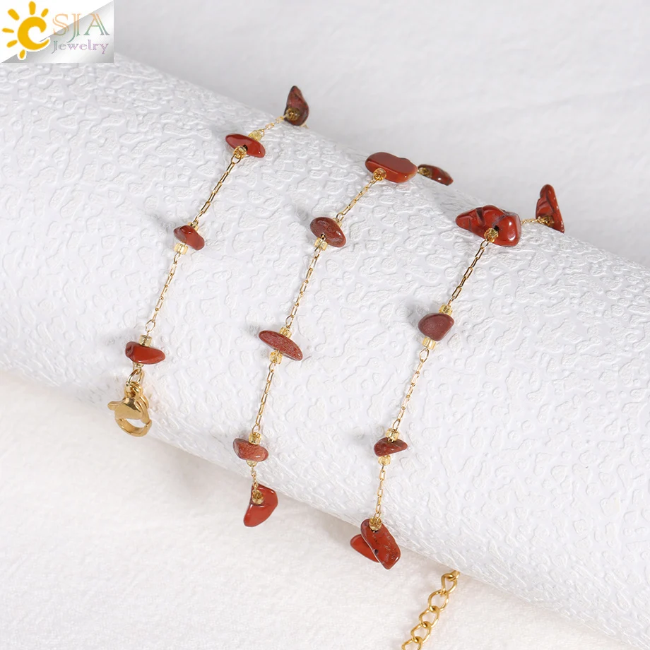 CSJA Natural Chip Bead Necklace Gold Color Stainless Steel Chain Choker Healing Amethysts Tiger Eye Pink Quartz Jewelry H530