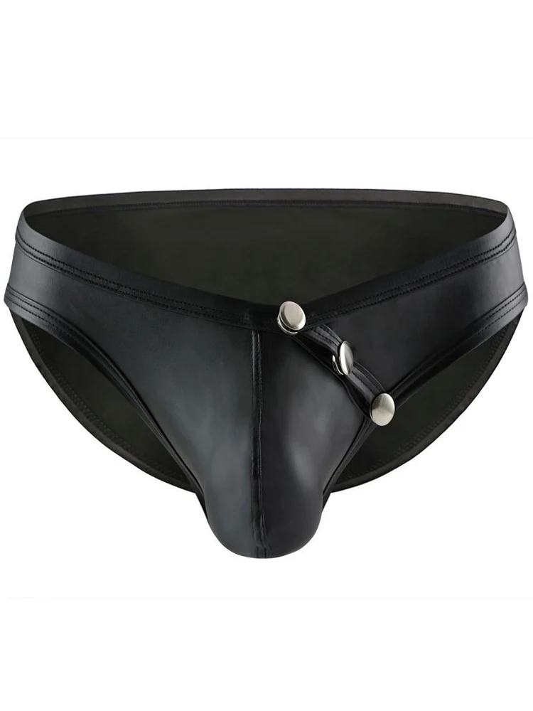 

M-XXL Faux PU Leather Convex Pouch Mens Bikini Briefs Button Open Crotch Jockstrap Slips Trunks Calzoncillos Sexy Underwear Ropa