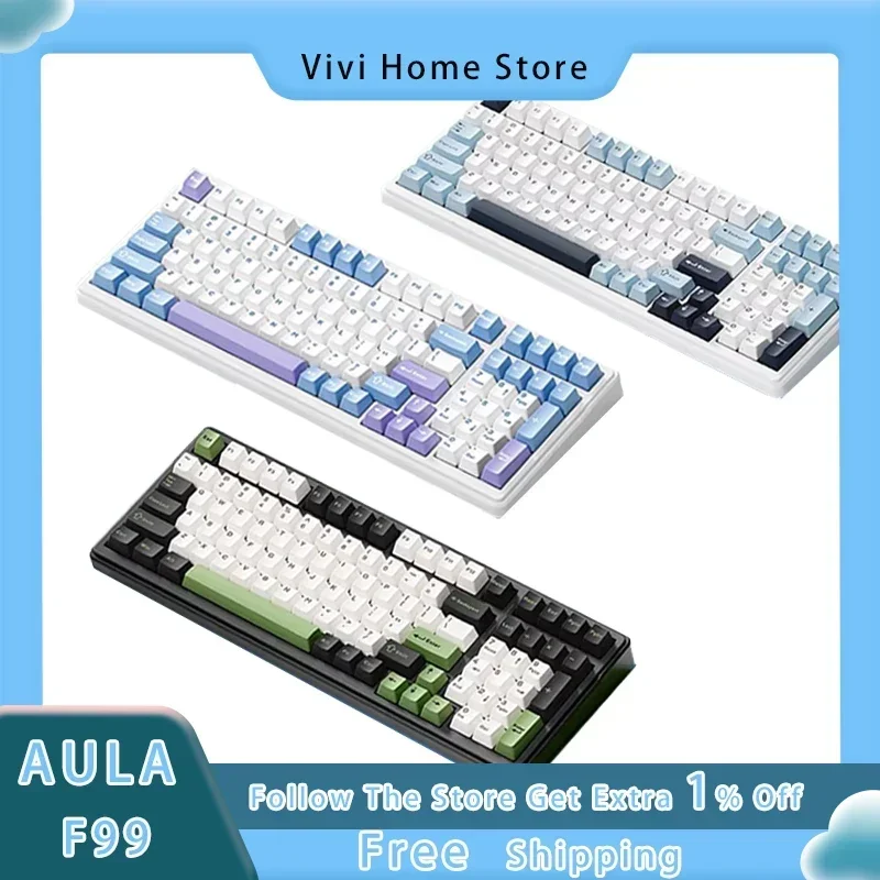 

AULA F99 Mechanical Keyboard Customized Three Mode Wireless Bluetooth 2.4G RGB Hot Plug PBT Gasket Game Keyboard PC Accessories