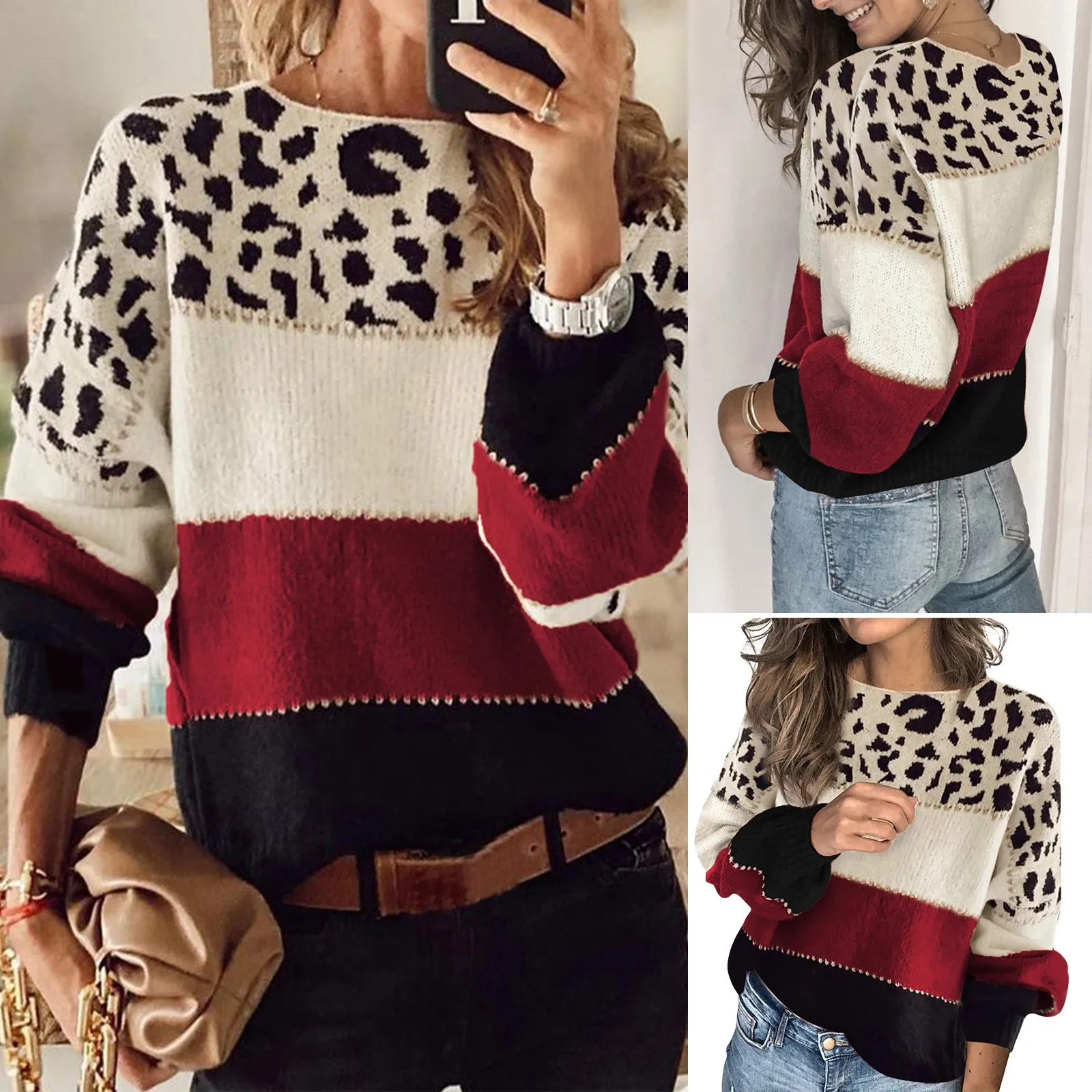 Pullovers Women Sweater Leopard Print Color Block Pullover Long Sleeve Knitted Jumper Casual Winter Warm Ladies Knitwear Top T1