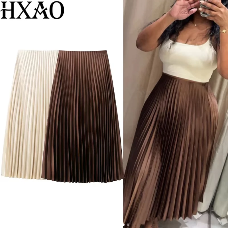 

HXAO New Long Skirts For Women Pleated Elegant Women's Skirts Summer Satin Midi Skirt High Waist Brown Skirt Solid Casual Skirts