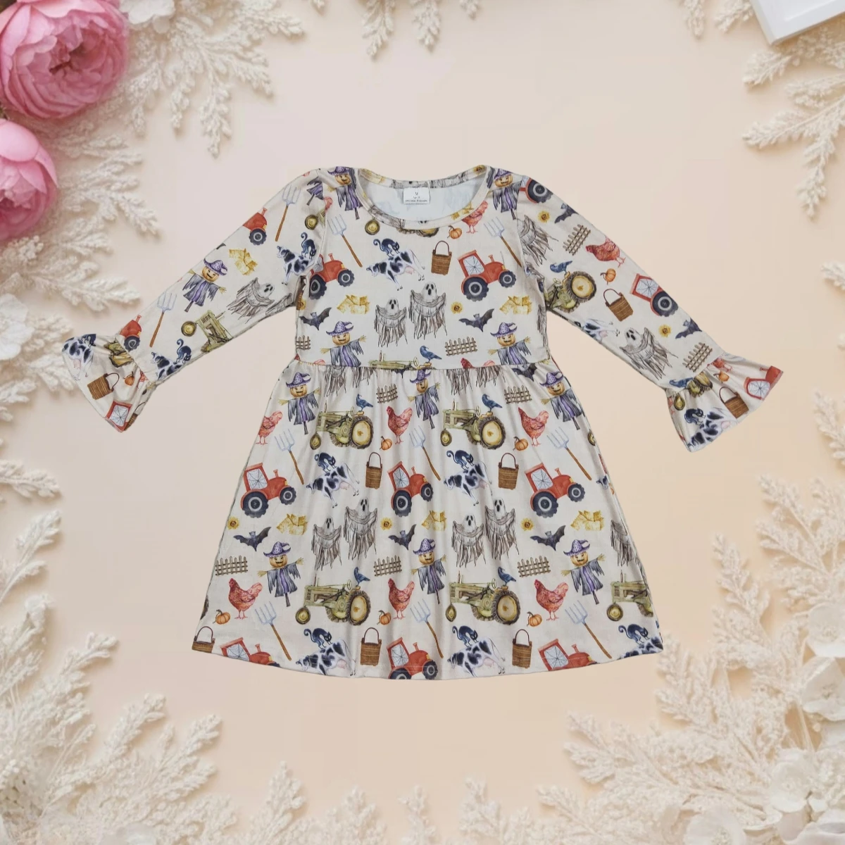 

Baby Girl Princess Dress New Fashion Cute Sweet Farm Animals Print Long Ruffle Sleeves Knee Length Dress Infant Toddler Hot Sale
