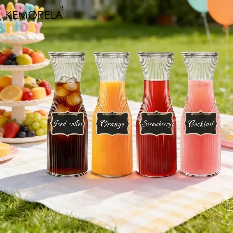 1L Ribbed Glass Carafe with Lid  1/2PCS Juice Carafe for Bar Parties Cold Brew Coffee Milk Iced Tea Lemonade  2 Chalkboard Label
