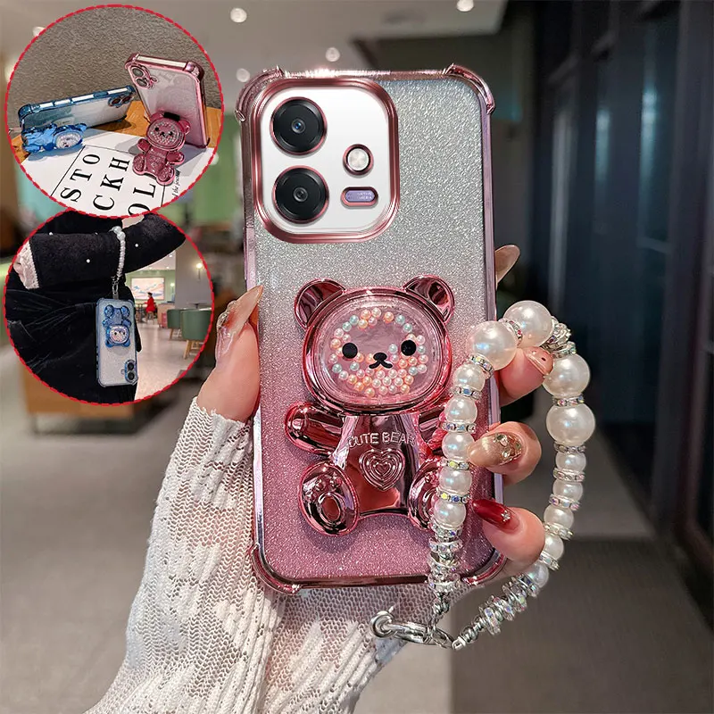 Coque de téléphone antichoc à paillettes avec support ours mignon de dessin animé et cordon perlé pour Oppo A3x A3 A40 A40m A60 A20 A5i A3i