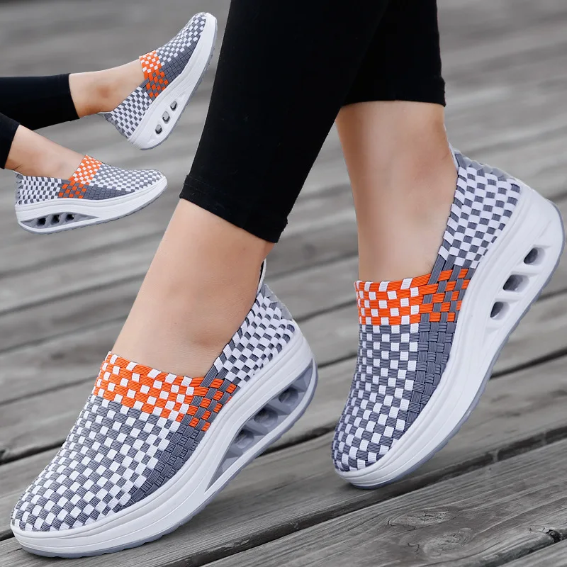 Zapatos De Mujer Sneakers Women's Mixed Color Woven Wedge Rocking Shoes Lightweight Non-slip Breathable Loafers Chaussure Femmes