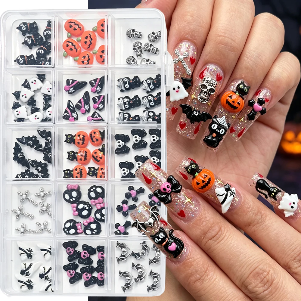 15-teiliges Cartoon-Halloween-Nageldekor-Set, 3D-Mix aus Harz-Geistern, Kürbisen, Schwarzen Katzen, Metall-Legierung Totenköpfen, Fledermäusen und Kreuzen