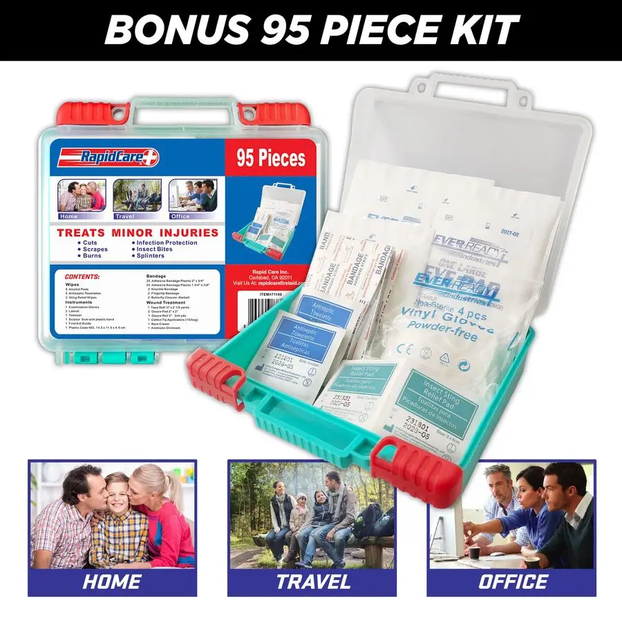 First Aid Kit 300 Piece Emergency Medical Kit with Bonus 95Piece Travel Pack Outdoor, Workplace, and Home Use Color Coded amp La