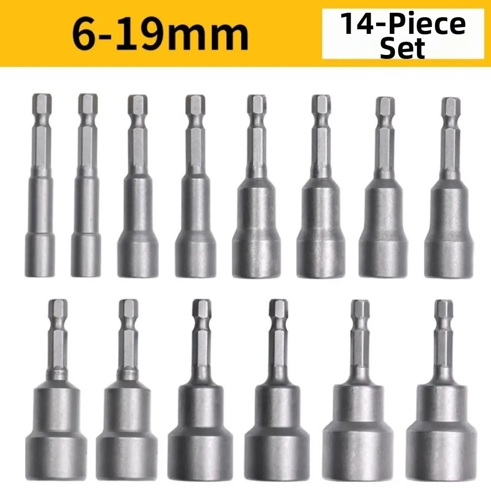 Magnetic Tip Impact Socket Set 6-19mm Range Hexagonal Design Power Drill Bit Adapter Bolt Driver 1/4 Inch Hex Shank