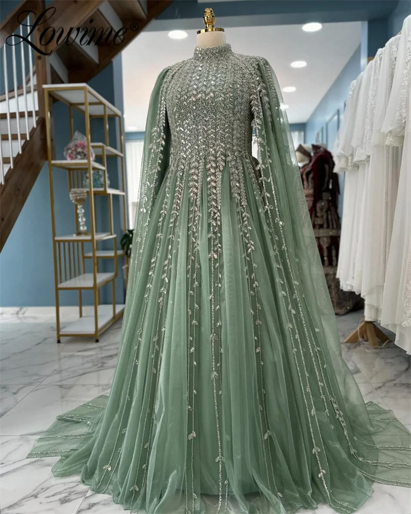 Dubai Muslim Cape Sleeves Green Evening Dress Saudi Arabia A-Line Prom Dresses Beaded Arabic Engagement Party Dress Customized