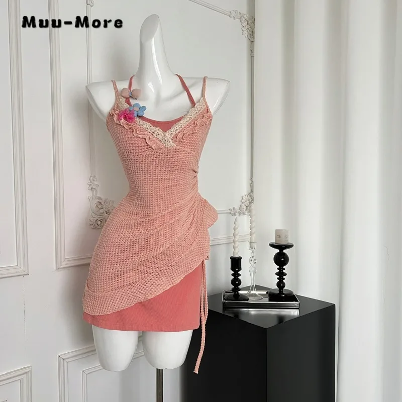 2024 Summer Women's Sexy Fake Two Piece V-Neck Sheath Suspender Dresses Hotsweet High Waist Chiffon Pink Party Club Dress