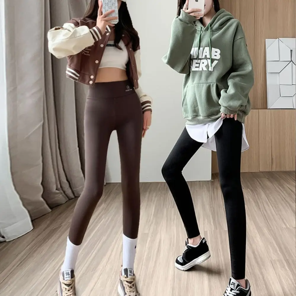 

Fashion Fleece Shark Pants Thickened Black Teenage Pants Slim Fit Letter Print Autumn Winter Leggings