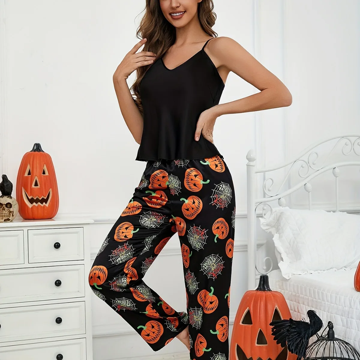 Halloween Home Wear Pumpkin Print Nightgown Summer Women's Pajamas Comfortable Sleeveless Halter Top Pants Sleepwear ﻿