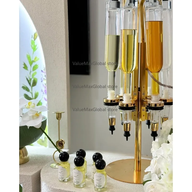 Golden Perfume Display Rack – 6-Pump Distributor & 6-Bottle Dispenser (Fits 375/500/750ml Perfume Filling Machine)