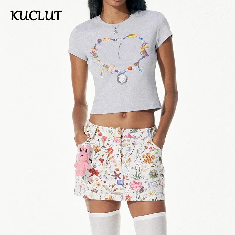 

KUCLUT Fashion Printed Chain Design Short Sleeve T-shirt For Women Flowers Contrast Color Wrapped Hip Mini Skirts Y2K 1A107