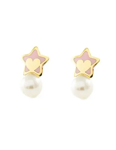 Earrings girl gold 9k you and me star Pearl round 4 mm