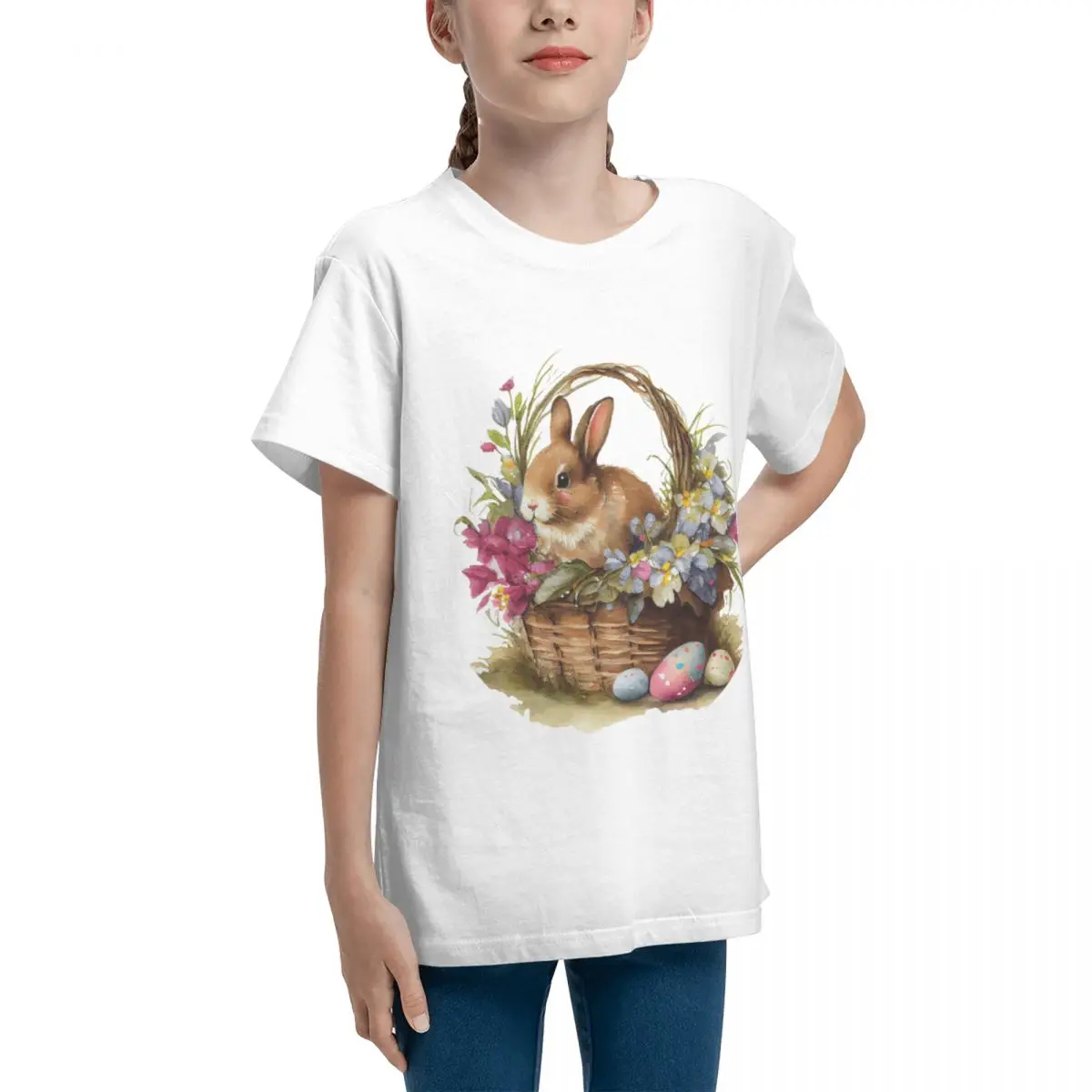 Teeanger Basic Short Sleeve T-Shirt Vintage Bunny Rabbit Basket Flowers Easter Classic Round neck Top tee  Graphic Teenagers