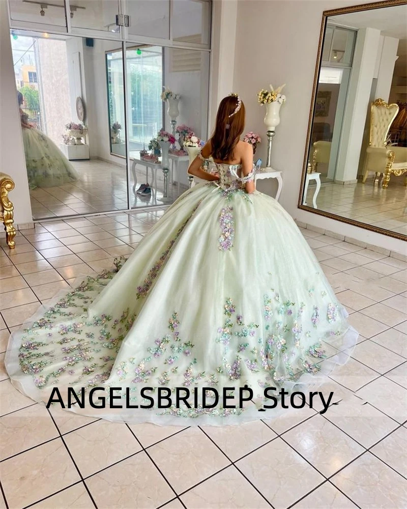 Angelsbridep-ثوب حفلة أخضر نعناعي ، فساتين كوينسيانيرا ، زهور مكشوفة الأكتاف مزينة ، لؤلؤ ، فستان رسمي ، 15 سنة